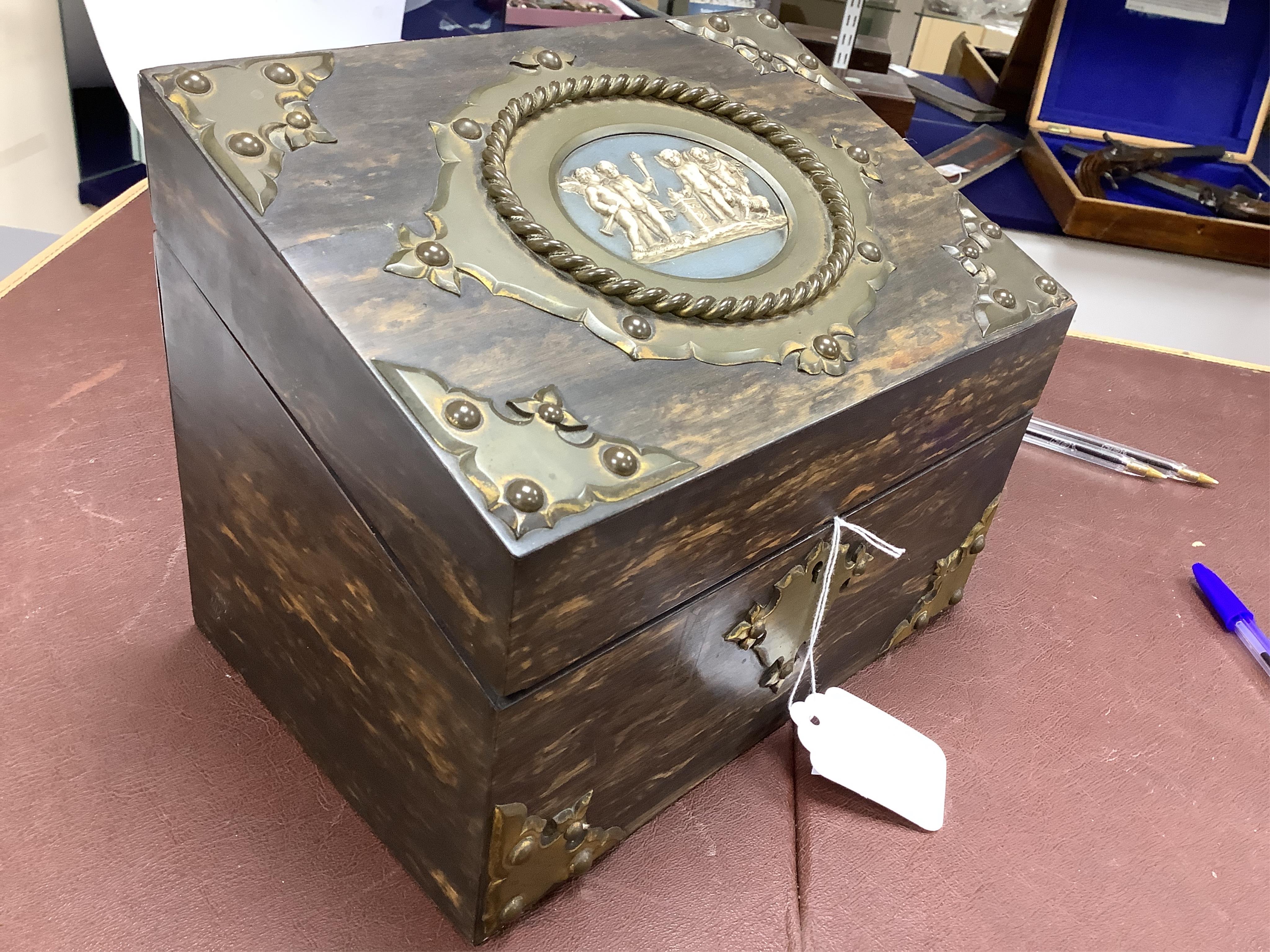 A Victorian brass mounted coromandel stationery box with inset jasper mount, silk lining, 24cm wide. Condition - fair/good
